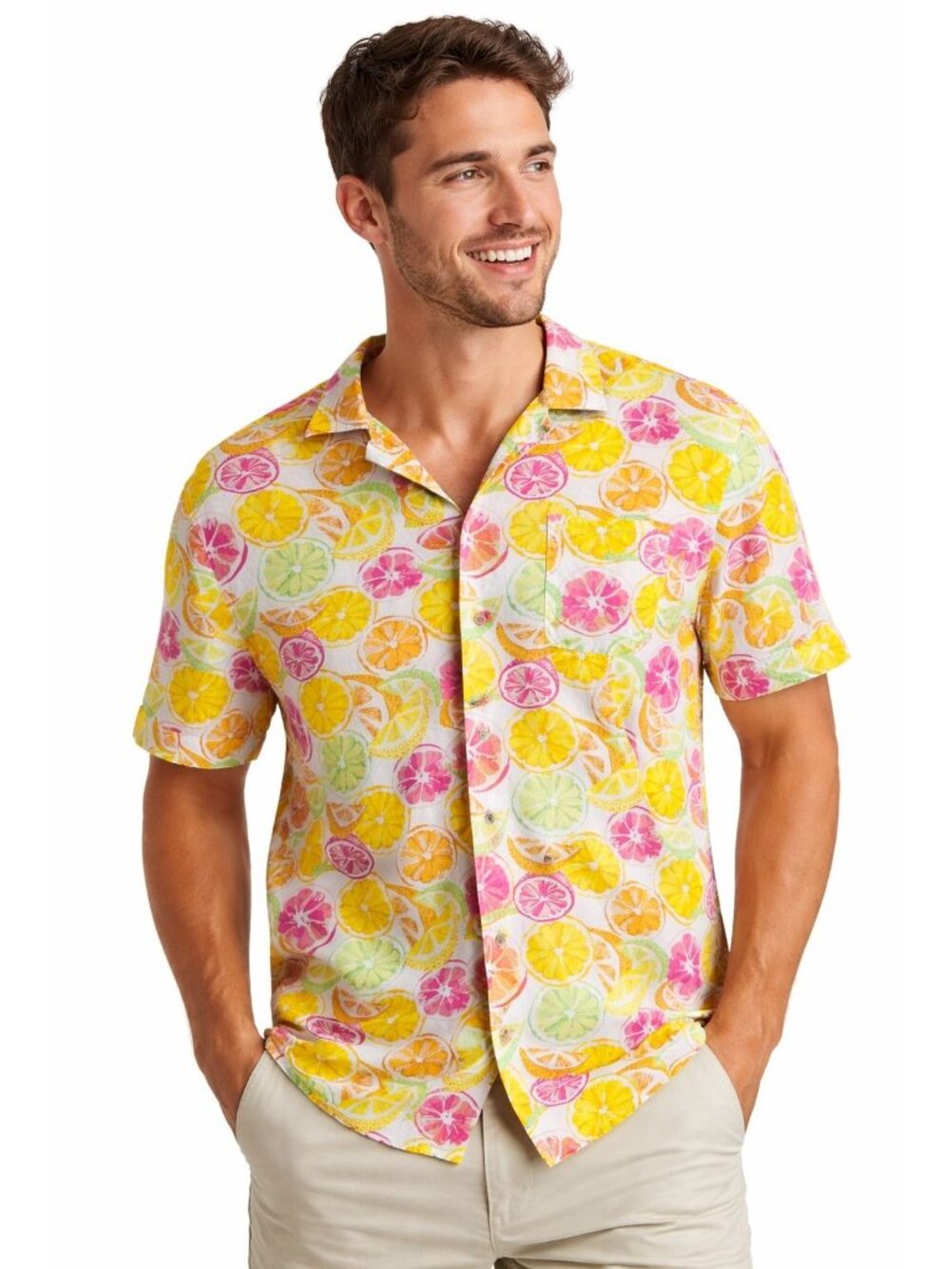 Goodfellow & Co Neon Citrus Button Up Shirt Men's M Short Sleeve Resort Vacation